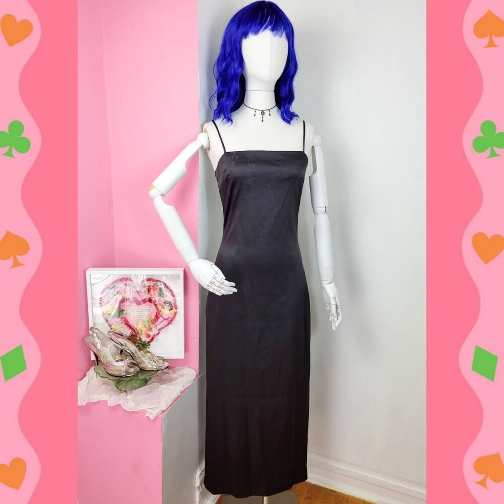 Vintage 90s Black Satin Glitter Floral Maxi Dress